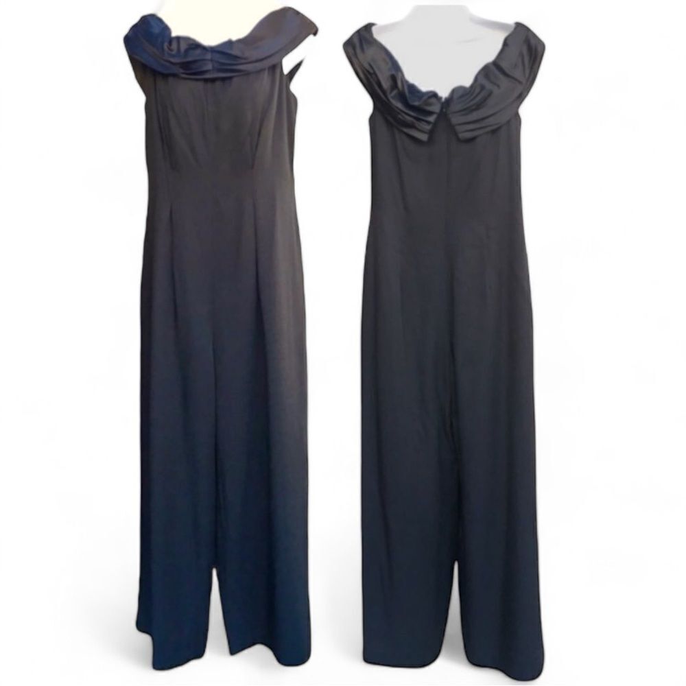 VTG Jennifer Enzer Off Shoulder Ruched Satin Sleeveless Full Pant Tux Jumpsuit